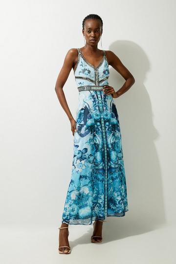 Blue Mirrored Floral Bead And Embrodiered Woven Strapp Maxi