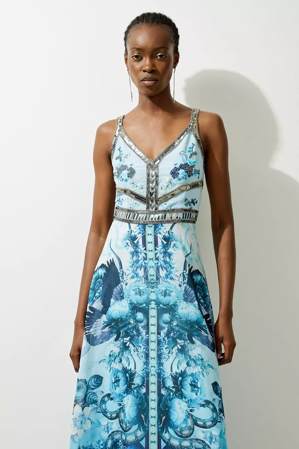 Mirrored Floral Bead And Embroidered Woven Strappy Maxi