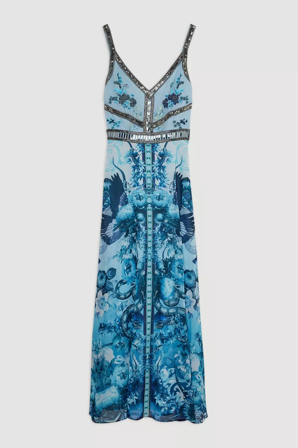 Mirrored Floral Bead And Embroidered Woven Strappy Maxi