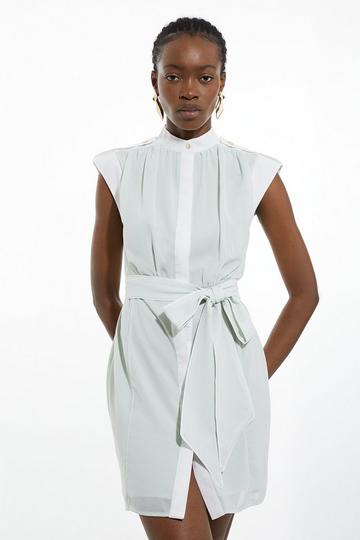 Military Mono Sleeveless Belted Woven Mini Dress sage