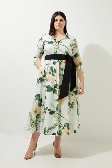 White Lydia Millen Plus Size Floral Silk Cotton Woven Shirt Dress