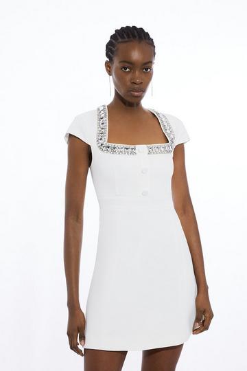 Tailored Embellished Square Neck Mini Dress ivory