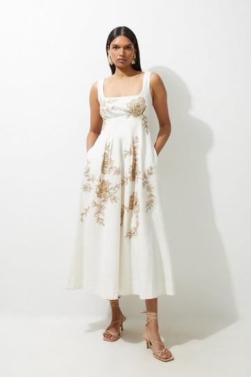 Raffia Embroidered Linen Woven Prom Dress natural