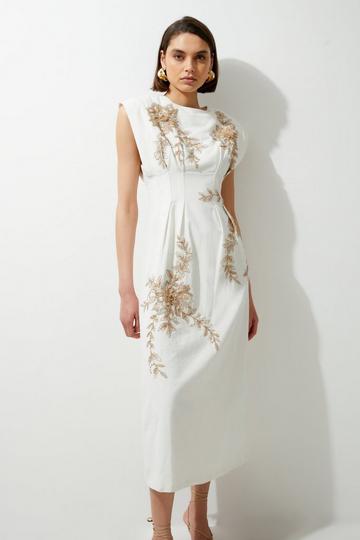 Petite Raffia Embrodiered Linen Woven Midi Dress natural