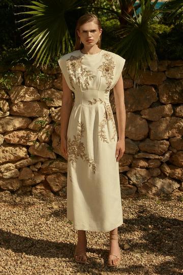 Raffia Embroidered Linen Woven Midi Dress natural