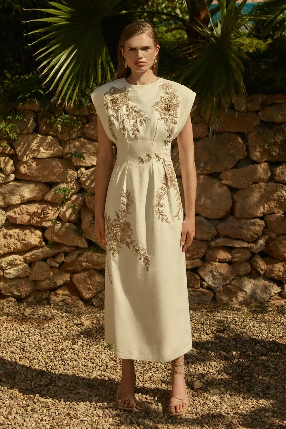 Raffia Embroidered Linen Woven Midi Dress Karen Millen