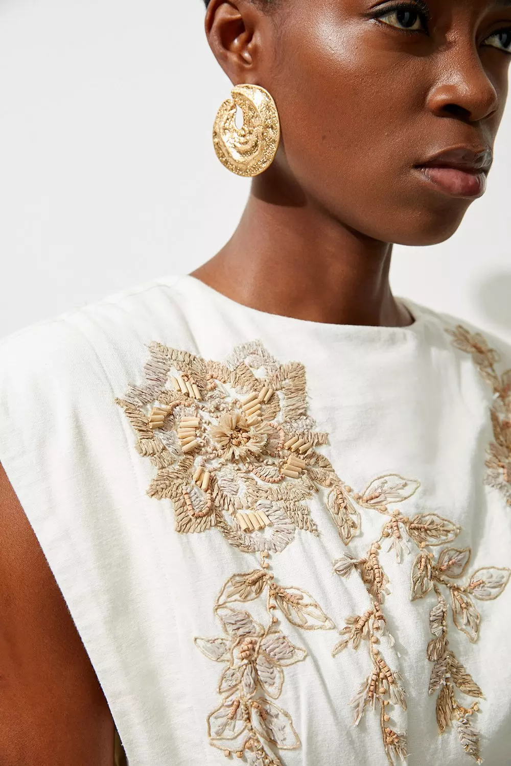 Raffia Embroidered Linen Woven Midi Dress | Karen Millen