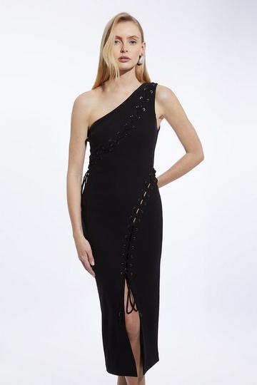 Black Figure Form One Shoulder Lace Up Woven Midi Dress