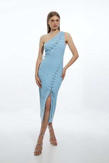 Blue Figure Form One Shoulder Lace Up Woven Midi Dress