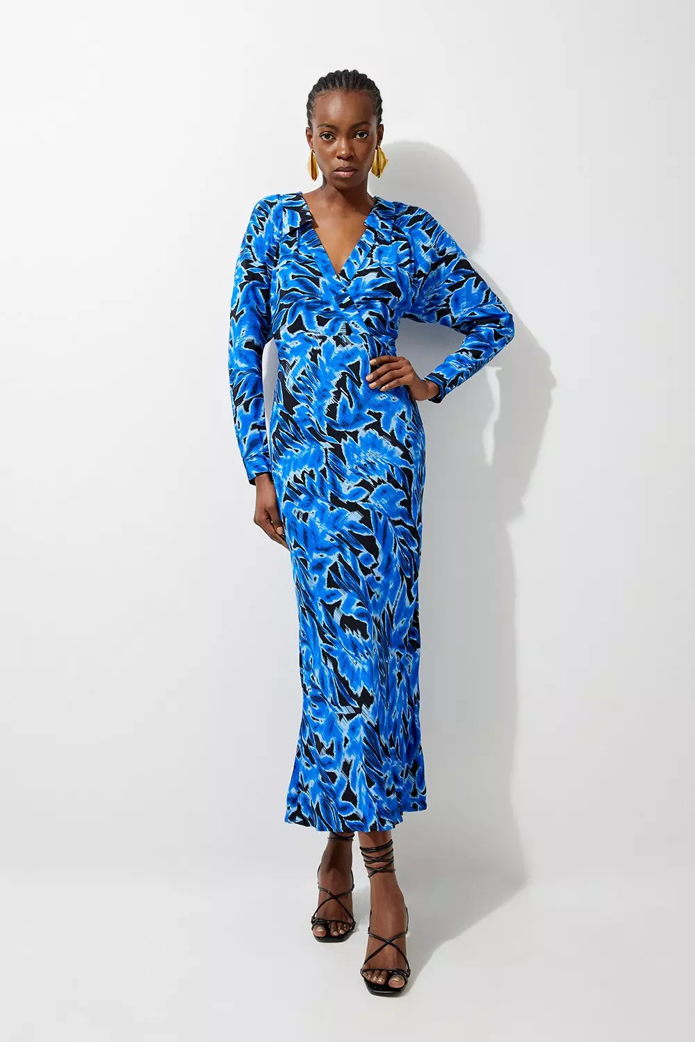 Petite Blue Leaf Woven Collared Maxi Dress Karen Millen