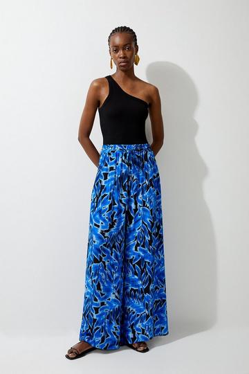 Blue Leaf Printed Woven Viscose Wide Leg Trousers blue