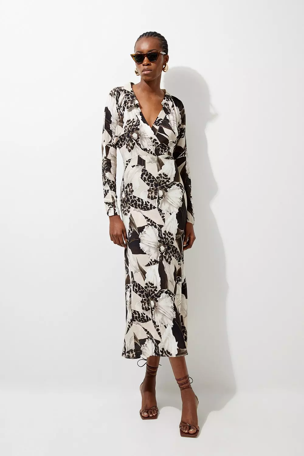 Ecru Floral Printed Woven Viscose Collared Midaxi Dress Karen Millen