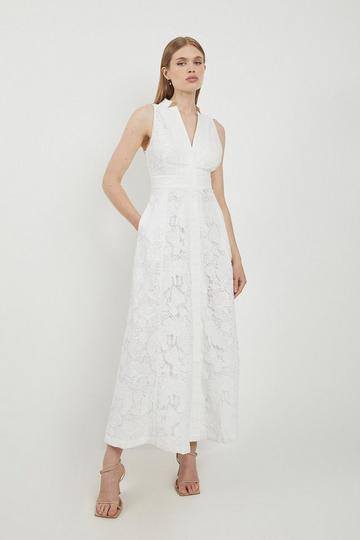 Lydia Millen Tall Lace with Cotton Sateen Woven Halter Dress ivory