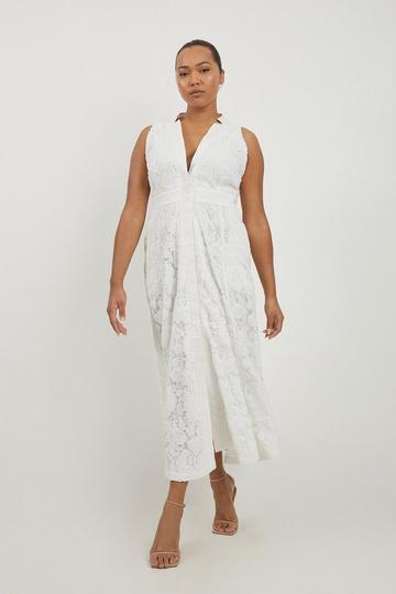 Lydia Millen Plus Size Lace with Cotton Sateen Woven Halter Dress ivory