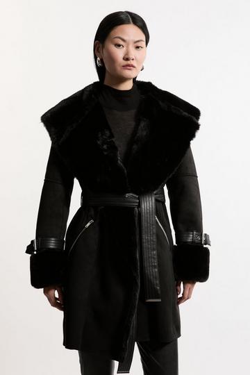 Black Faux Shearling Collar & Cuff Belted Short Coat