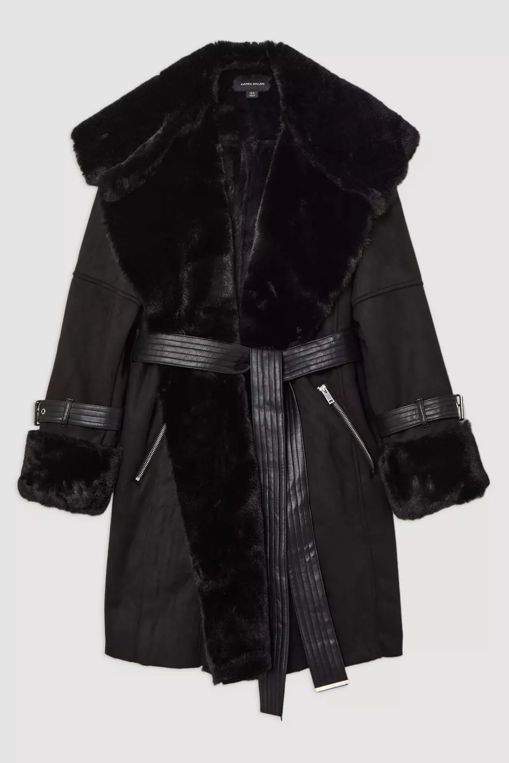日本未上陸【KAREN MILLEN】フェイクファー ロングラインコート Faux Shearling Collar & Cuff Tie Belt Maxi Coat | Karen Millen