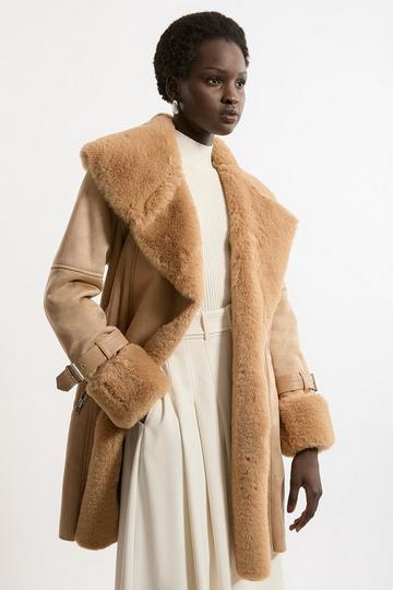 Faux Shearling Collar & Cuff Belted Short Coat camel