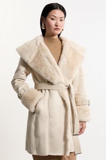 Faux Shearling Collar & Cuff Belted Short Coat ivory