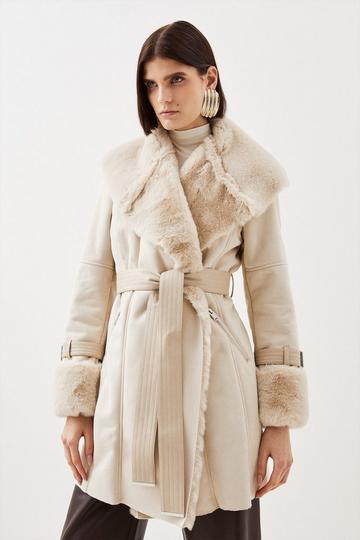 Petite Faux Shearling Collar & Cuff Belted Short Coat ivory