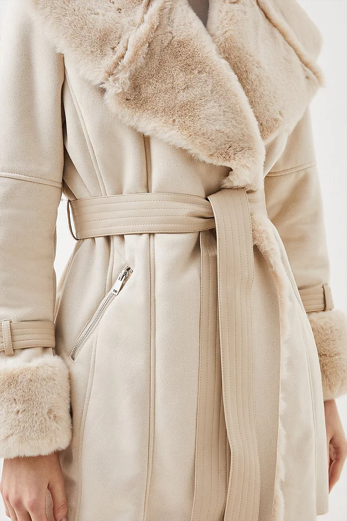Petite Faux Shearling Collar & Cuff Belted Short Coat Petite Faux Shearling Collar & Cuff Belted Short Coat