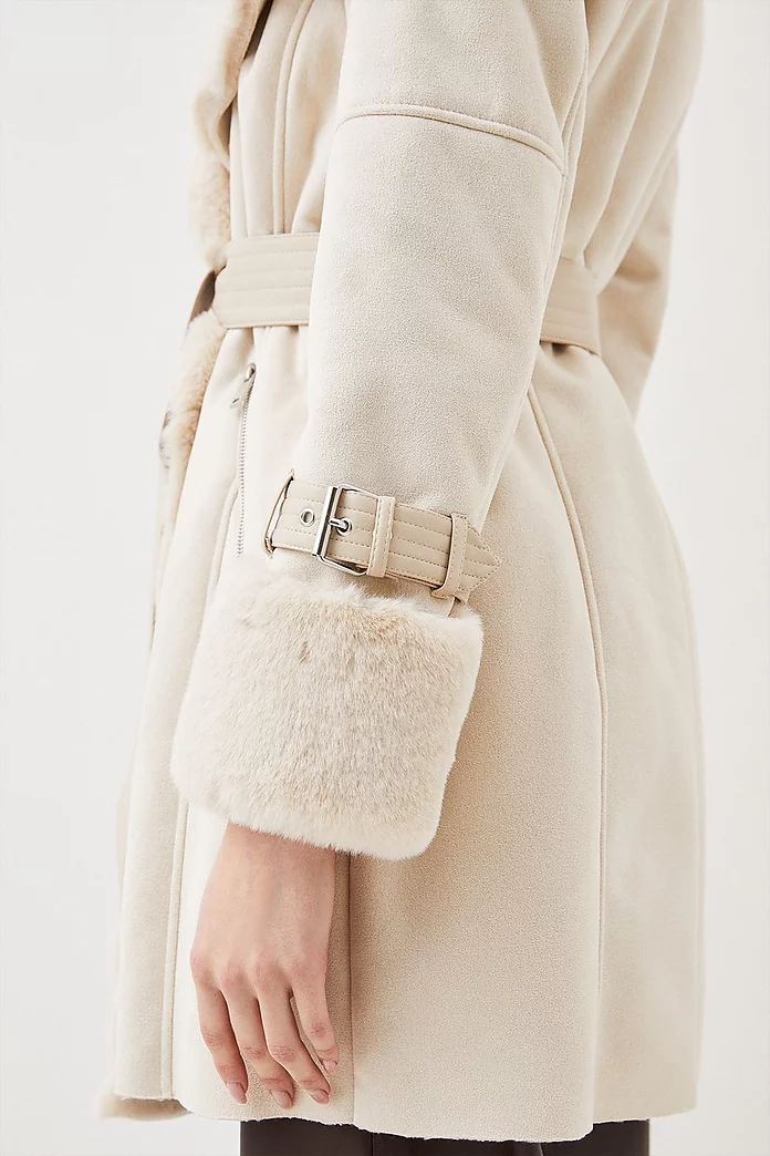 Petite Faux Shearling Collar & Cuff Belted Short Coat Petite Faux Shearling Collar & Cuff Belted Short Coat