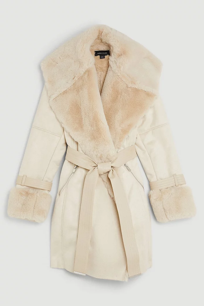 Petite Faux Shearling Collar & Cuff Belted Short Coat Petite Faux Shearling Collar & Cuff Belted Short Coat