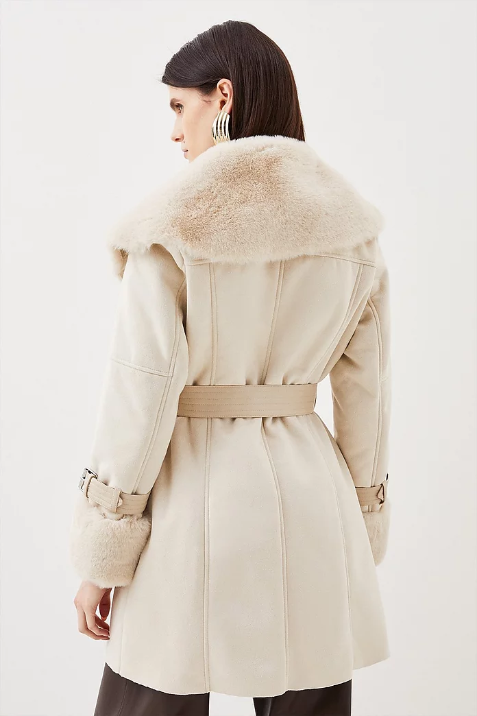 Petite Faux Shearling Collar & Cuff Belted Short Coat Petite Faux Shearling Collar & Cuff Belted Short Coat