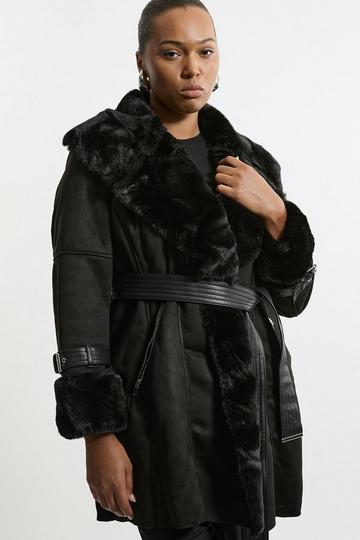 Plus Size Faux Shearling Collar & Cuff Belted Short Coat black