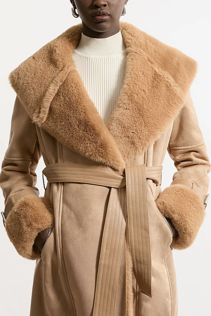 Tall Faux Shearling Collar & Cuff Belted Short Coat | Karen Tall Faux Shearling Collar & Cuff Belted Short Coat | Karen