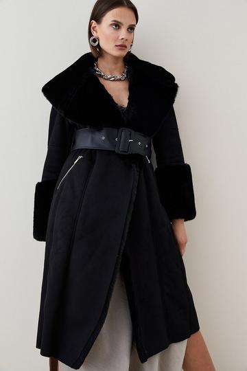 Petite Faux Shearling Collar & Cuff Belted Long Coat black