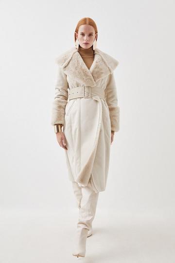 Petite Faux Shearling Collar & Cuff Belted Long Coat ivory