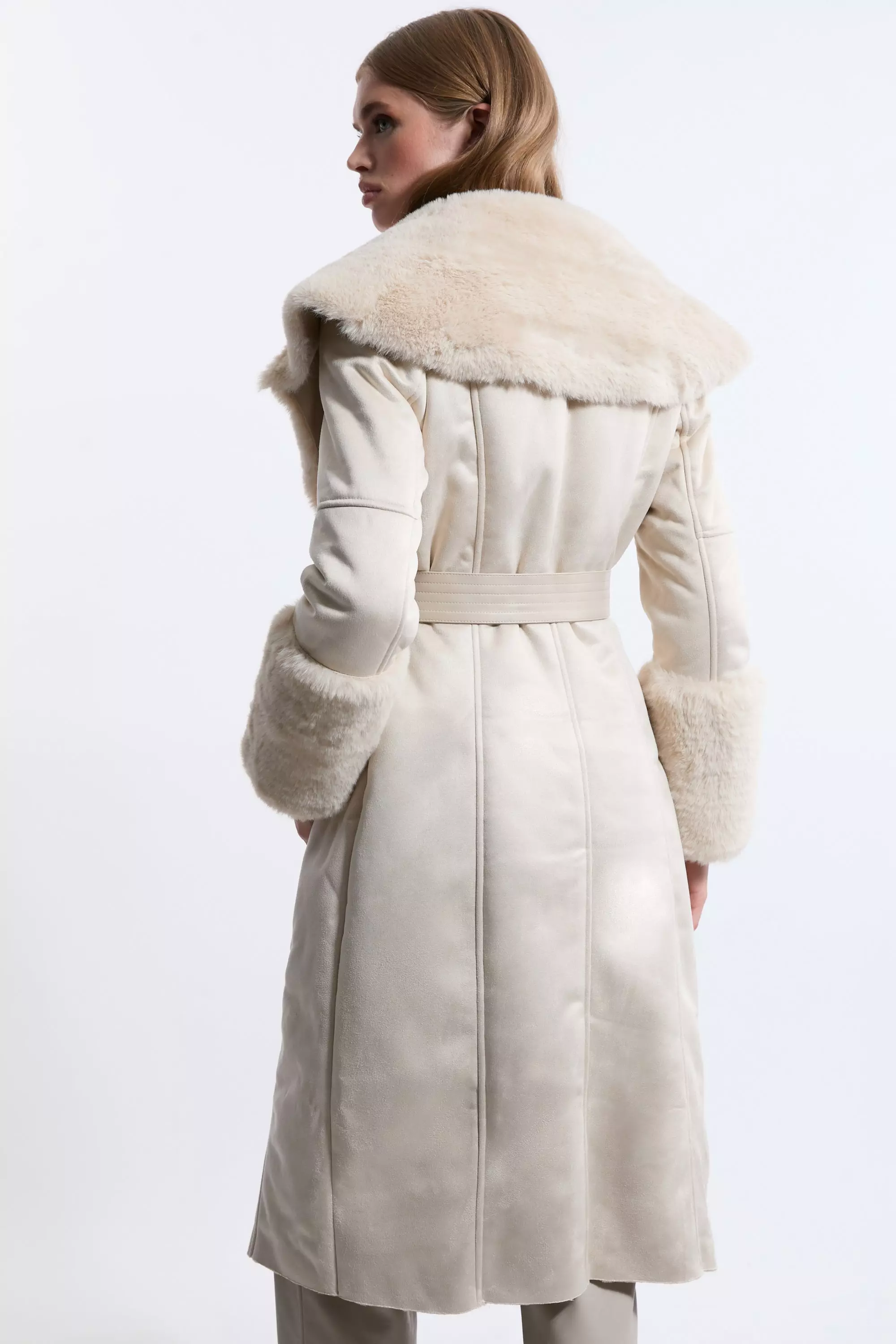 Petite Faux Shearling Collar & Cuff Belted Long Coat | Karen
