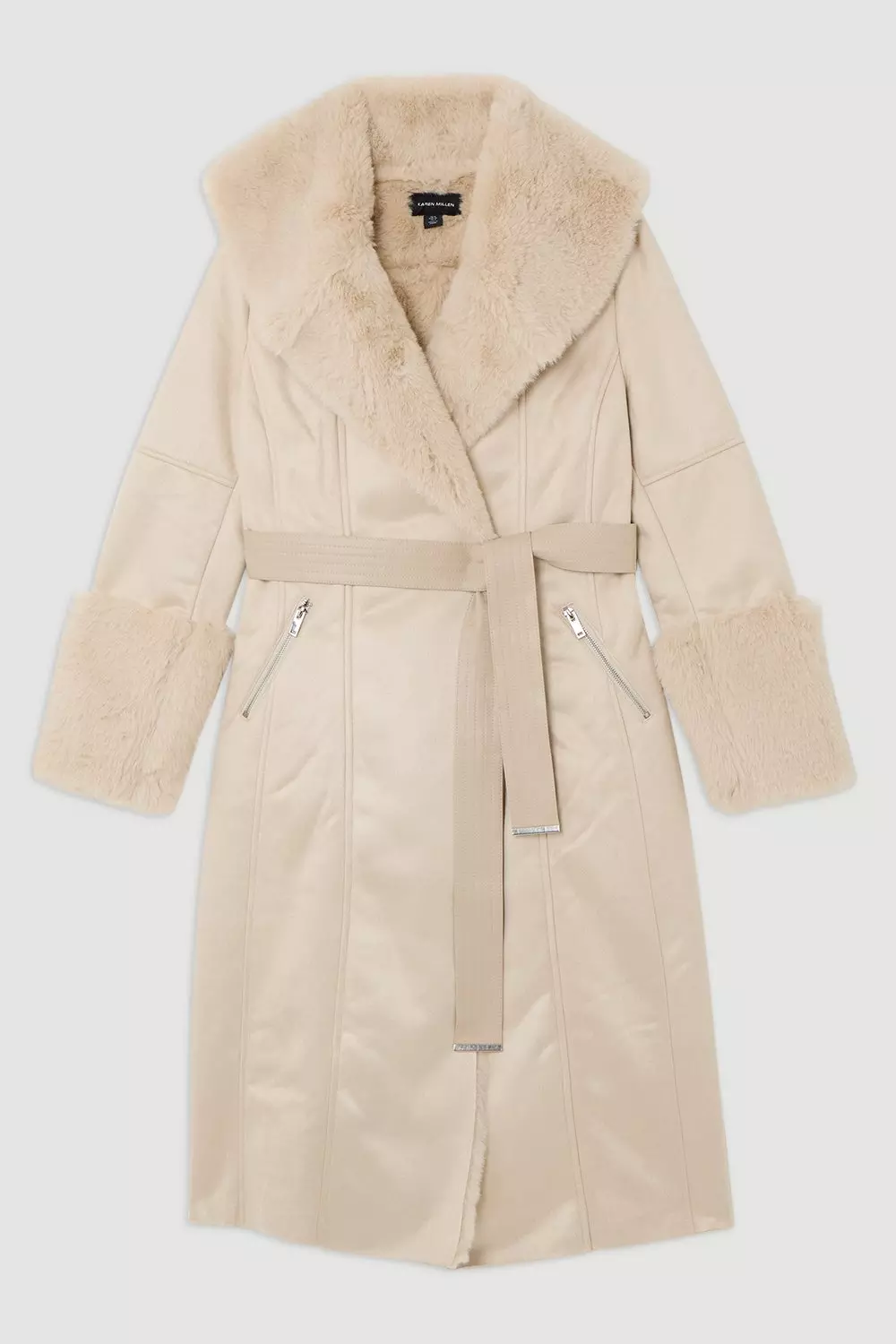 Petite Faux Shearling Collar & Cuff Belted Long Coat | Karen