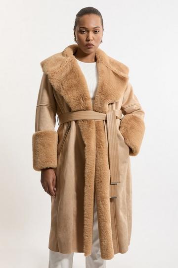 Plus Size Faux Shearling Collar & Cuff Belted Long Coat camel