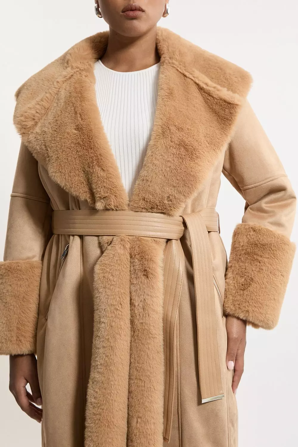 Plus Size Faux Shearling Collar Cuff Belted Long Coat Karen Millen