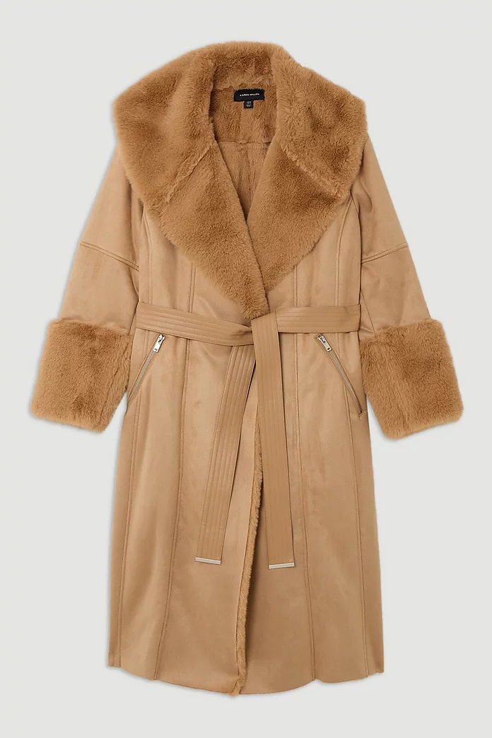 Plus Size Faux Shearling Collar & Cuff Belted Long Coat Plus Size Faux Shearling Collar & Cuff Belted Long Coat