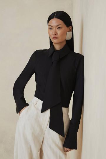 Petite The Founder Tailored Wool Blend Tie Detail Shirt black