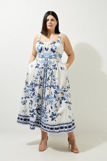 Lydia Millen Plus Size Cotton Sateen Woven Strappy Dress blue