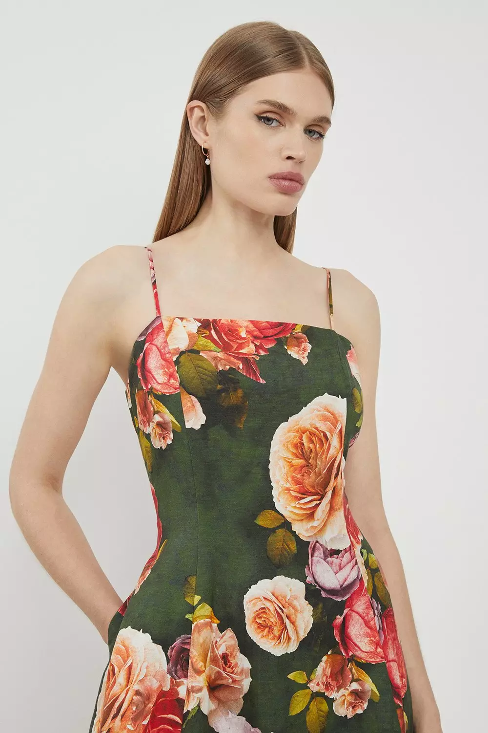 Karen Millen トロピカルシルクコットン リボンストラップドレス Tropical Floral Silk Cotton Woven Strappy Woven Maxi Dress