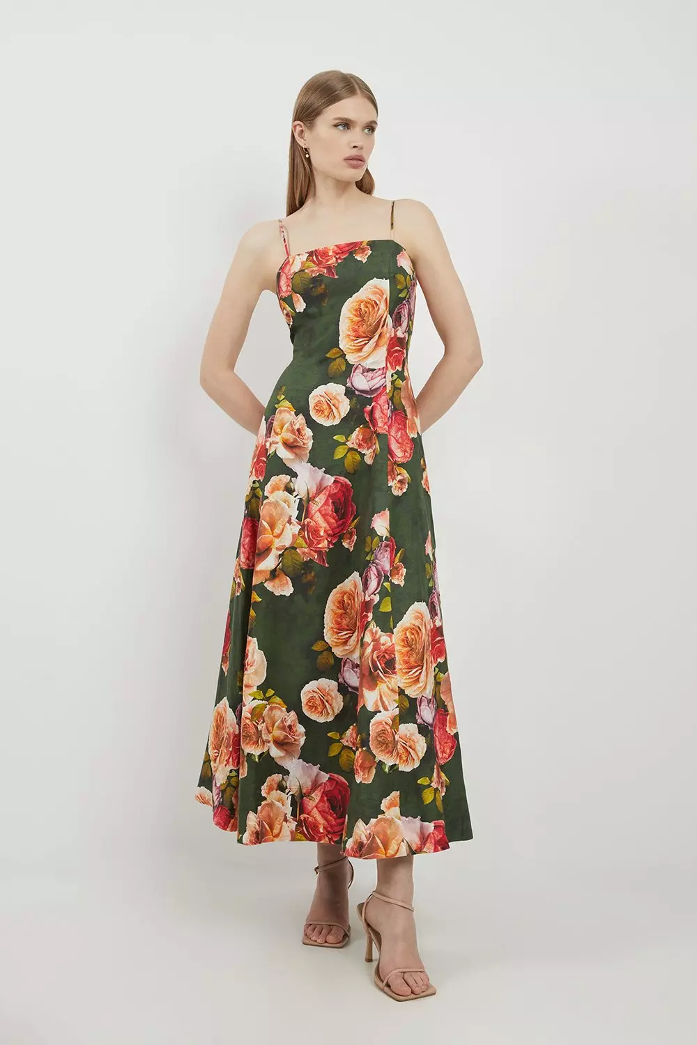 Karen Millen トロピカルシルクコットン リボンストラップドレス KarenMillen フローラルシルクコットン ストラップリボンドレス
