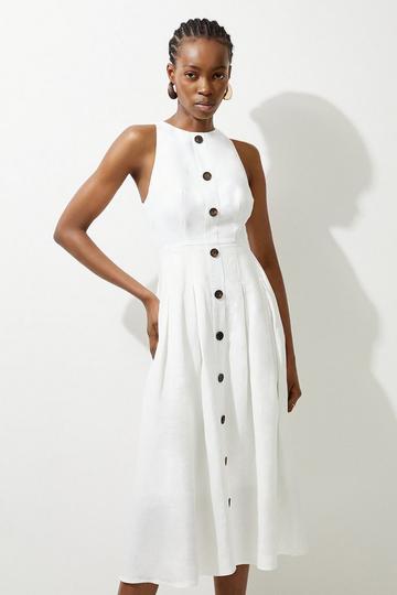 Premium Linen Tailored Button Through Full Skirted Maxi Dress ivory