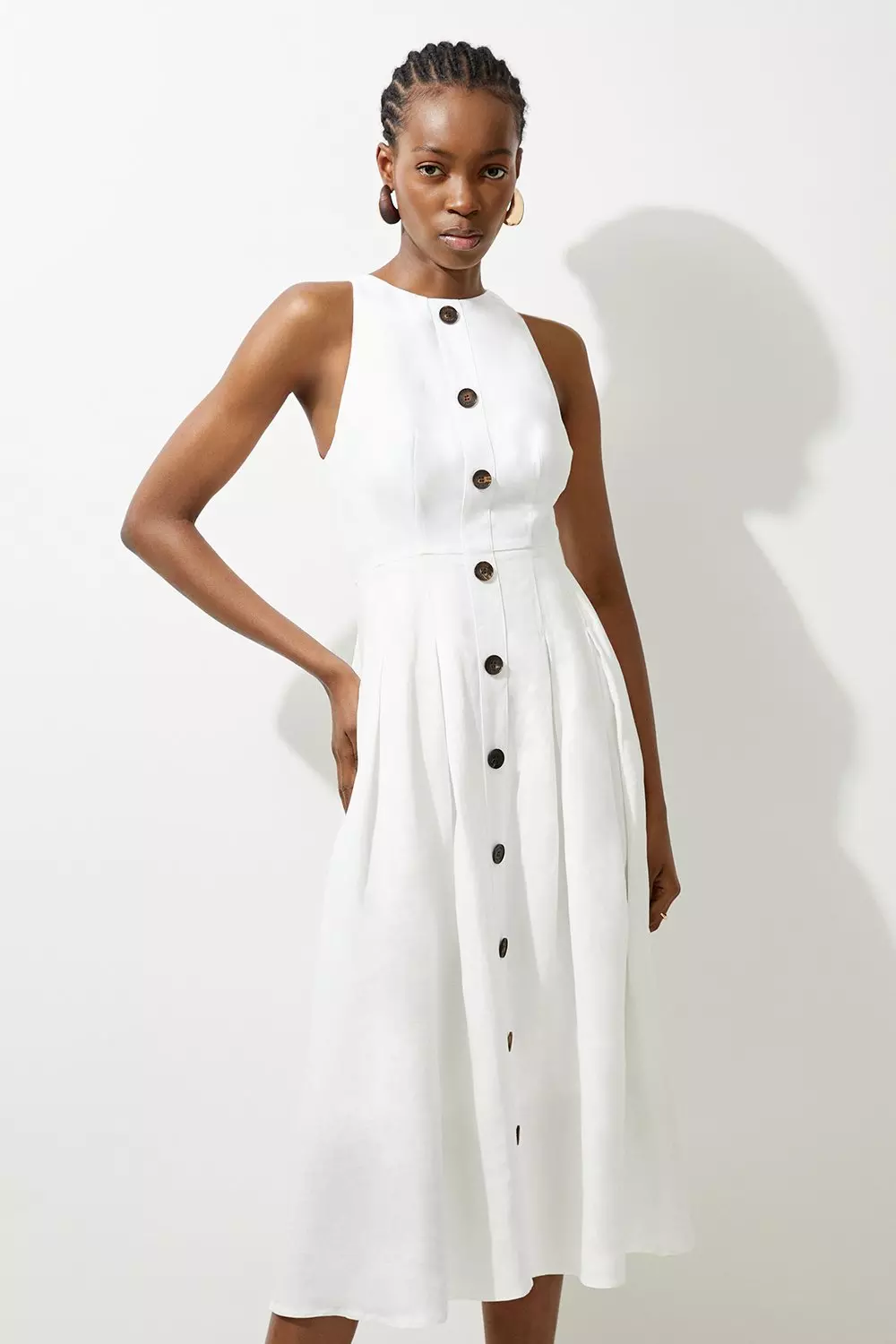 Ivory Premium Linen Tailored Button Through Full Skirted Midi Dress alternative image