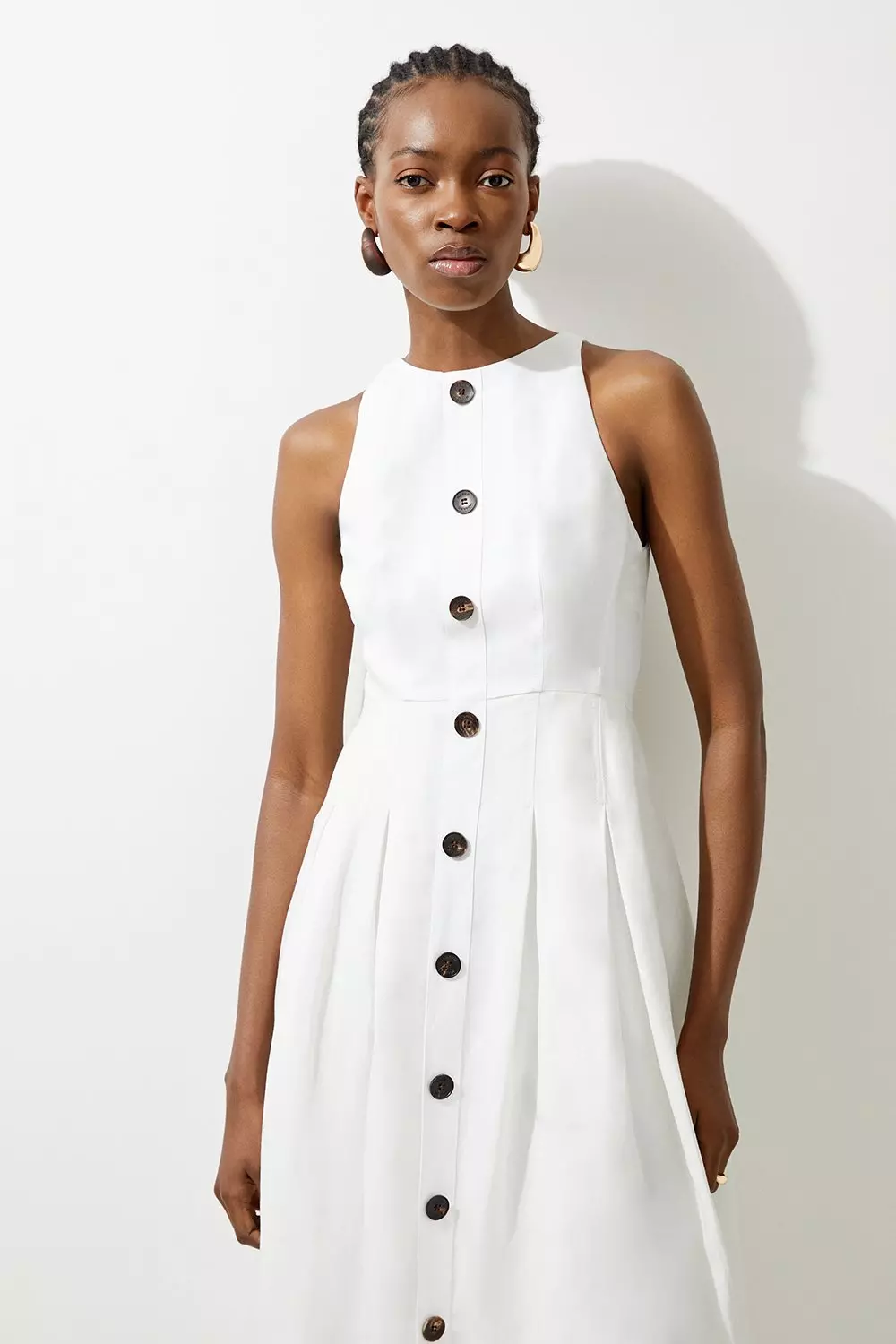 Ivory Premium Linen Tailored Button Through Full Skirted Midi Dress alternative image