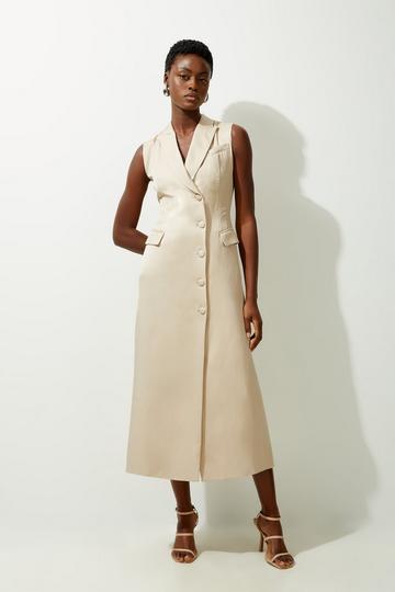 Tailored Linen Wrap Blazer Midi Dress stone