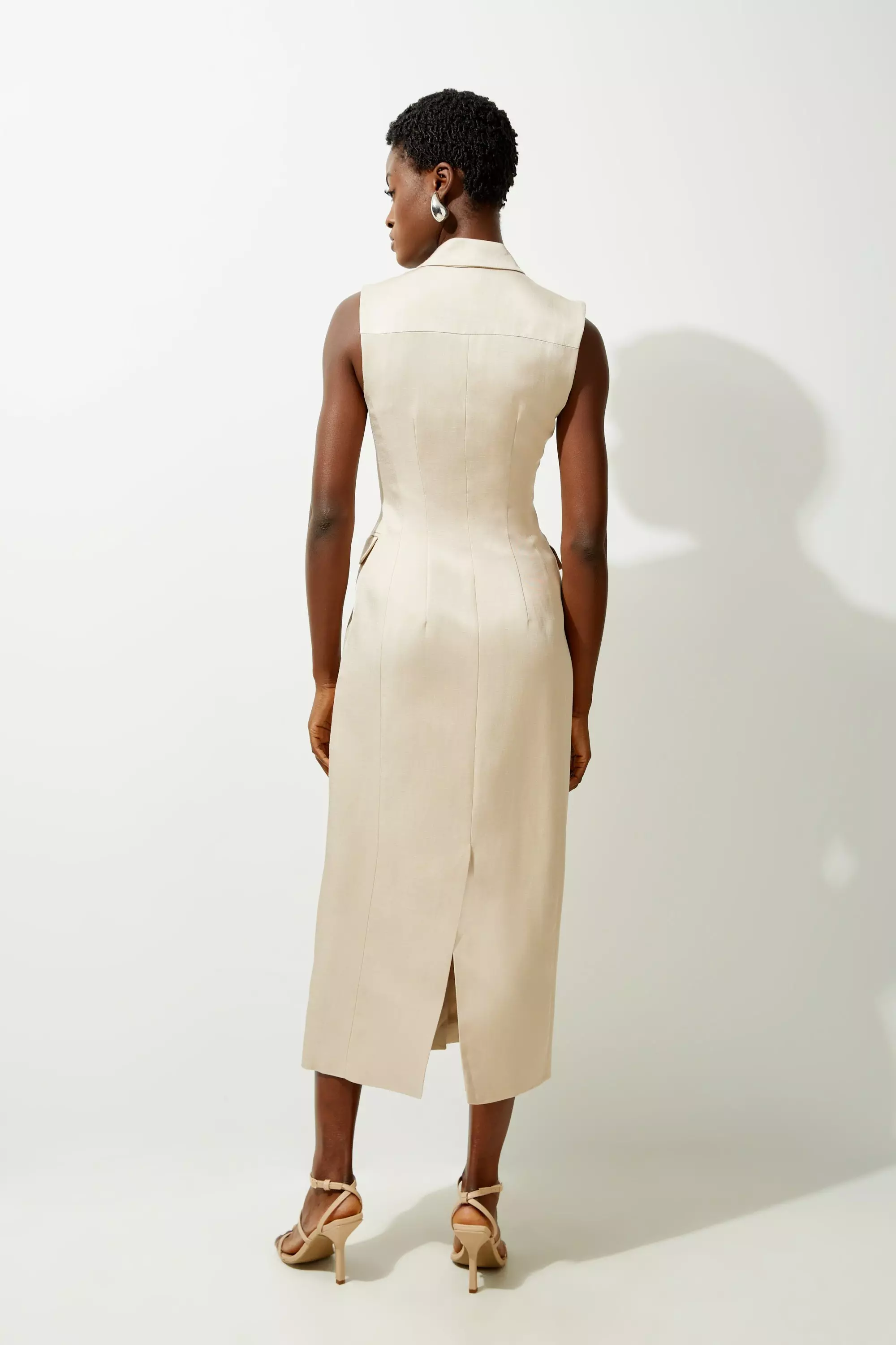 KAREN MILLEN* リネン ラップ リボンウエスト マキシドレス Stripe Cotton Woven Sleeveless Shirt Maxi Dress With Rosette