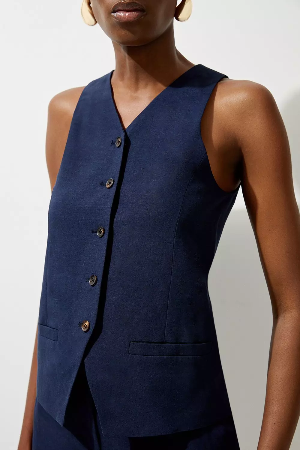 Premium Linen Tailored Button Through Longline Vest | Karen Millen