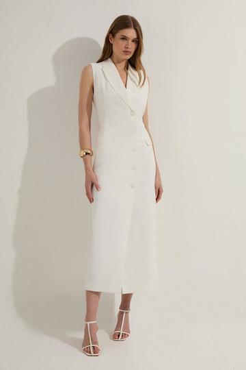 Tailored Linen Wrap Blazer Midi Dress ivory