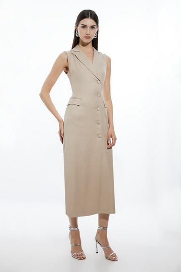 Tailored Linen Wrap Blazer Midi Dress stone