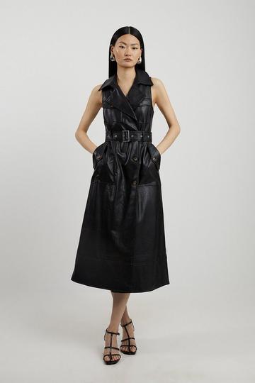 Black Faux Leather Belted Safari Dress