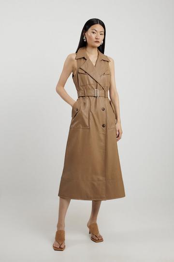 Faux Leather Belted Safari Dress soft tan